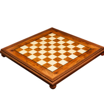 Galileo 56 cm root of elm chess board with frame and four feet, three-quarter view