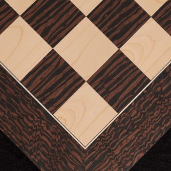 Close-up of the squares and border of the 60 cm Andalucia tiger ebony chess board