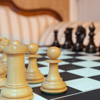 Florence boxwood rook, knight and pawns in close-up on the Asturias board