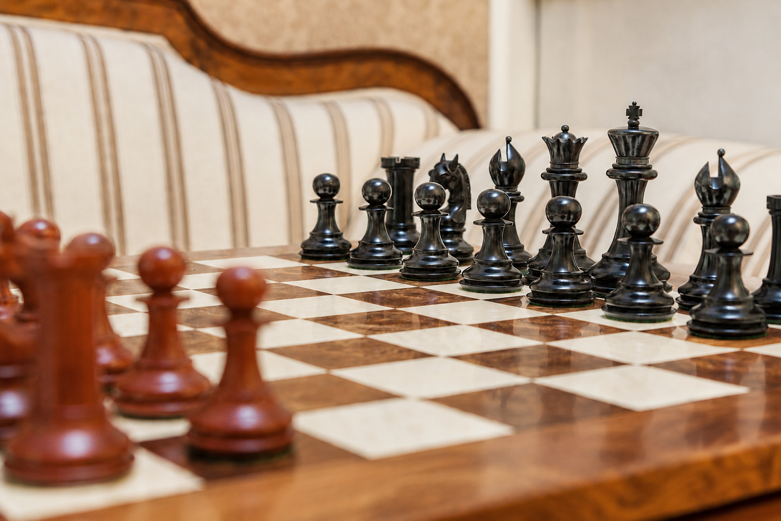Chevalier ebony and padauk chess pieces set up for play on a wooden chess board