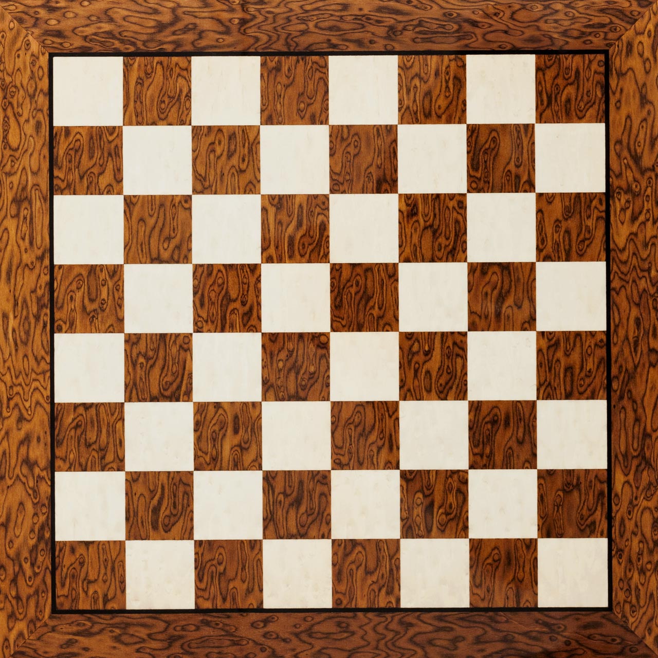 Cordoba, a 50 cm Brown Ash Burl chess board from above