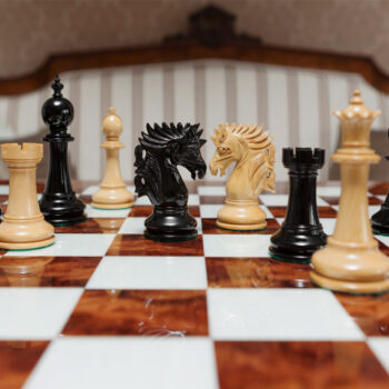 Shown with: 60 cm Da Vinci chess board Duke lacquered ebony and boxwood chess pieces viewed at board level on the 60 cm Da Vinci chess board