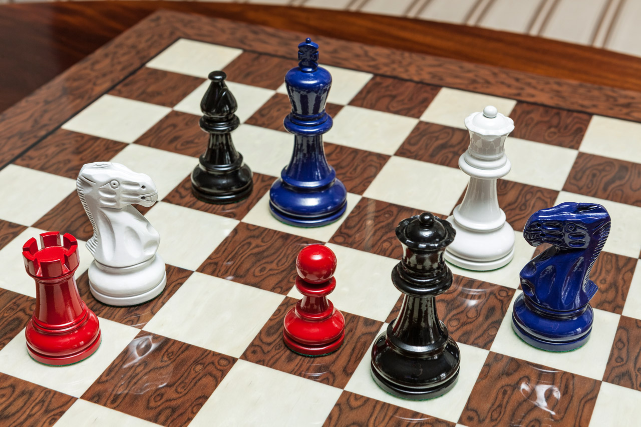 Black, Navy Blue, Red and White Chess Pieces of the Earl Series