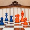 Earl Duo chess set (steel blue vs orange pieces). Board: 50cm Cordoba Earl Duo chess set (steel blue vs orange pieces). Board: 50cm "Cordoba"