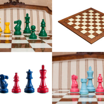 Earl Duo chess set in Yellow / Green, Blue / Red and Turquoise / Pink colour combinations