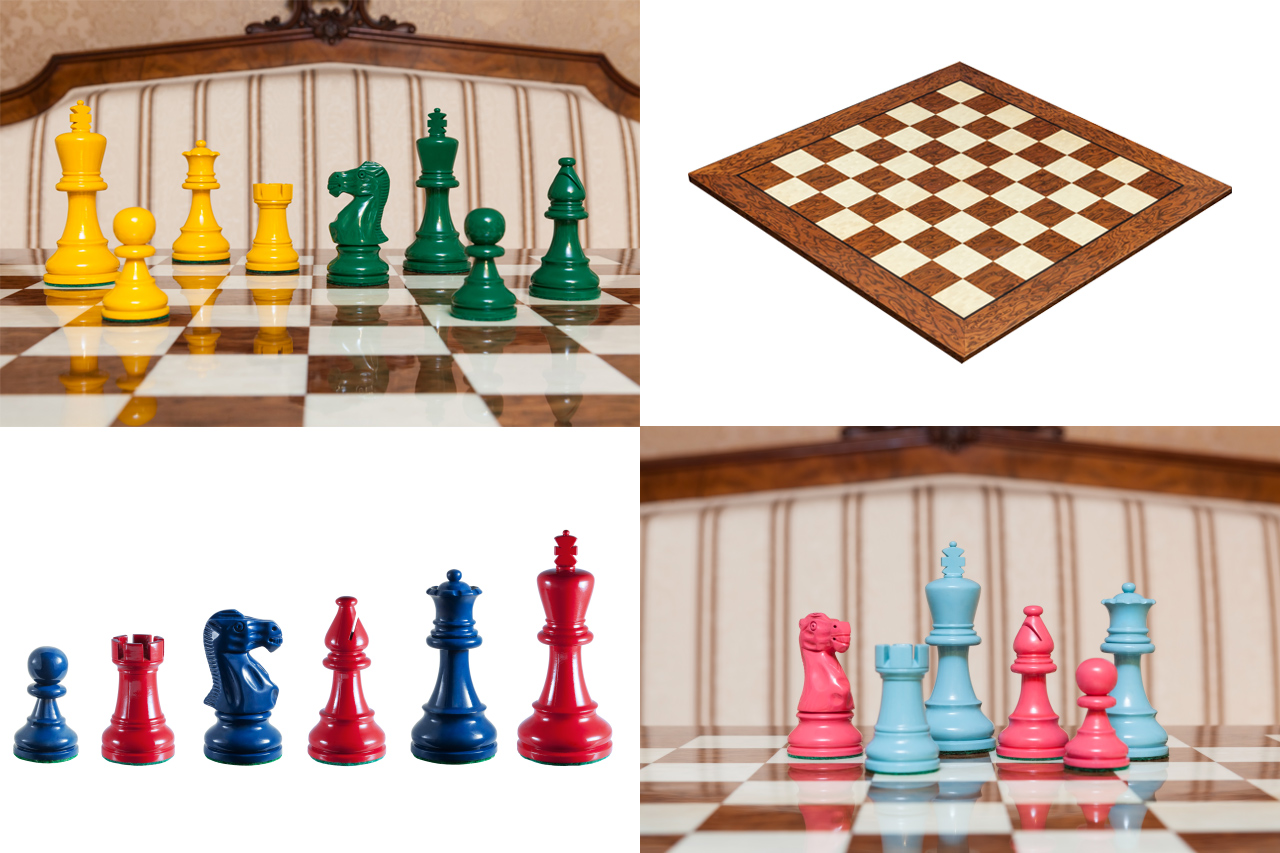 Earl Duo chess set in Yellow / Green, Blue / Red and Turquoise / Pink colour combinations