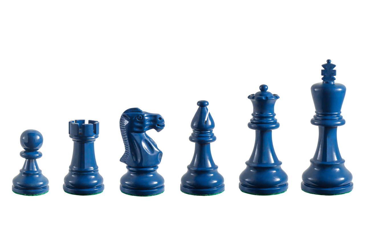 Earl Steel Blue 3.75 inch tournament-size chess pieces in Coloured Boxwood