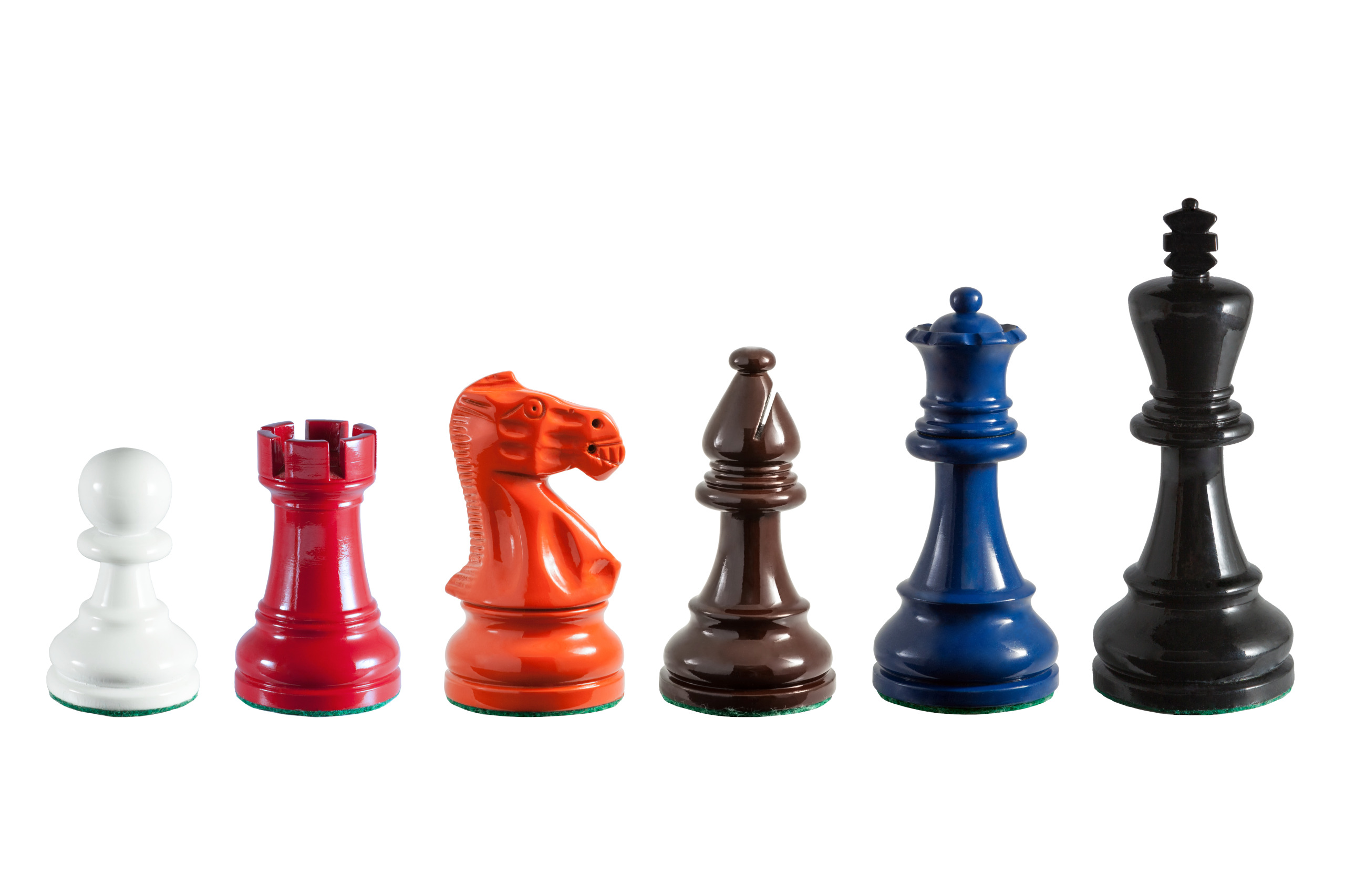 Earl chess pieces in white, red, orange, brown, blue and black lacquer finishes