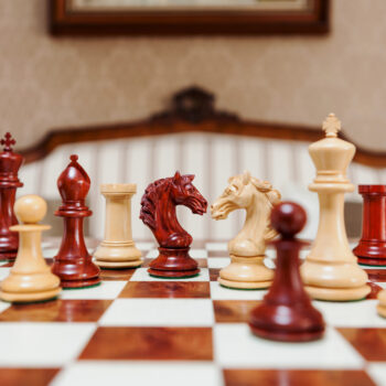 Shown with: 60 cm Toscana chess board Florence padauk and boxwood chess pieces viewed at board level on the 60 cm Toscana chess board