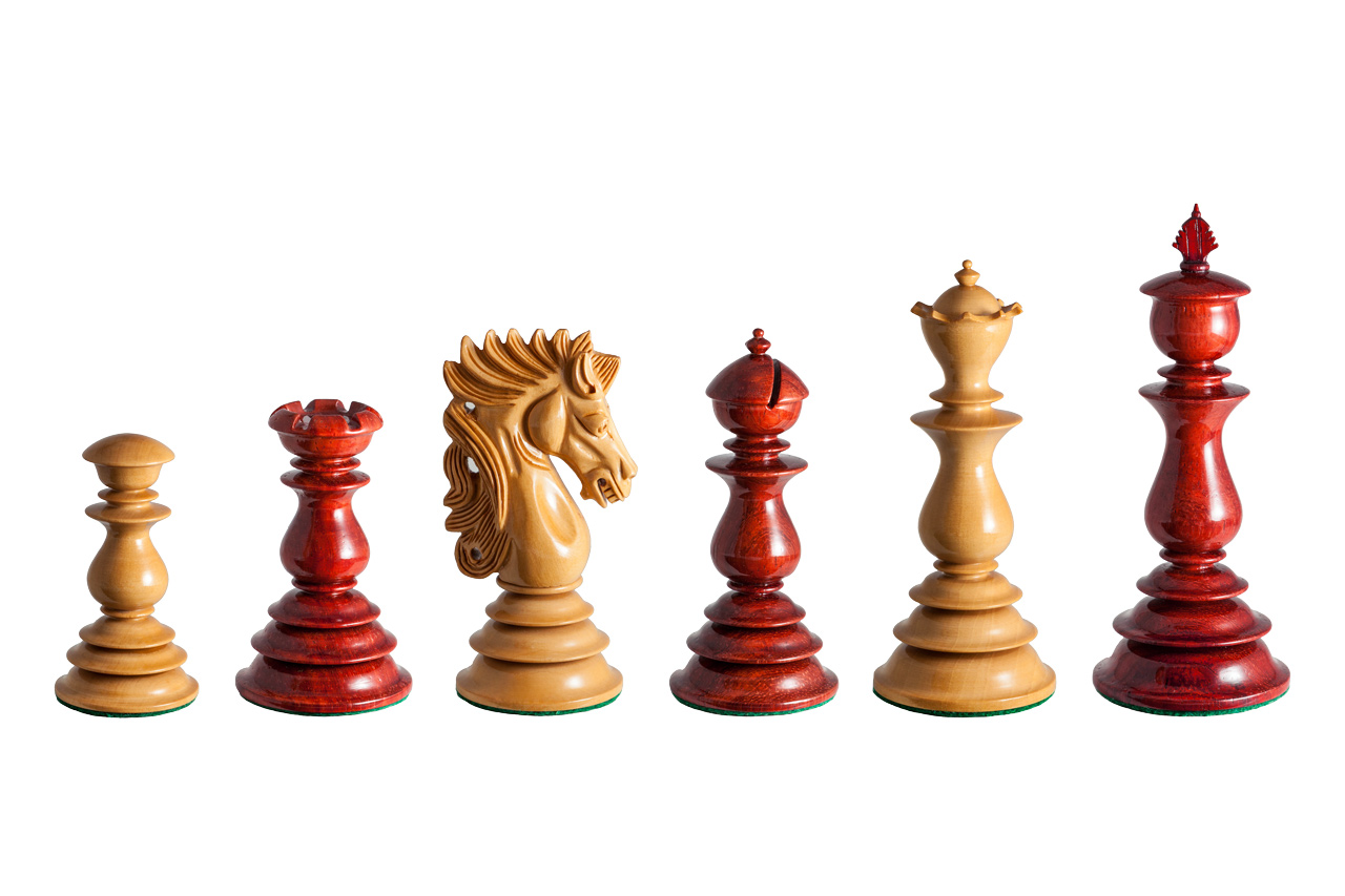 Dali padauk and boxwood chess pieces in a six-piece line-up