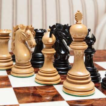 Shown with: 60 cm Da Vinci chess board Granada lacquered ebony and boxwood chess pieces viewed at board level on the 60 cm Da Vinci chess board