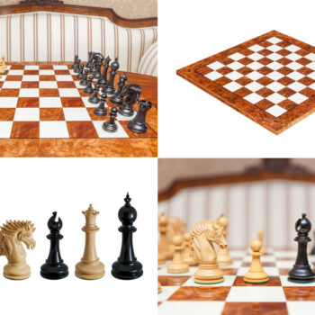 Maharaja set collage with Duke ebony and boxwood pieces and the 60 cm Da Vinci board
