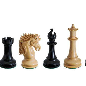 Duke ebony and boxwood chess pieces in a six-piece line-up