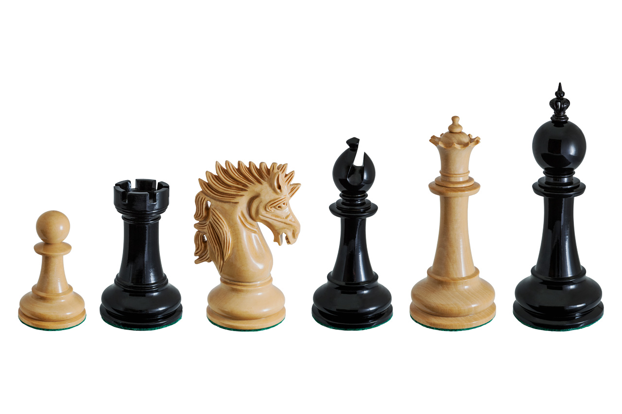 Duke ebony and boxwood chess pieces in a six-piece line-up
