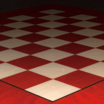 Close-up of the red maple squares and border of the Bologna chess board