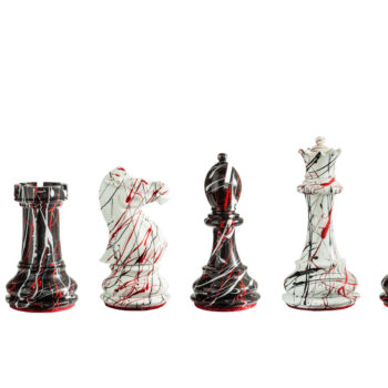 New York 4-inch chess pieces with a black-and-white lacquer and red splatter finish