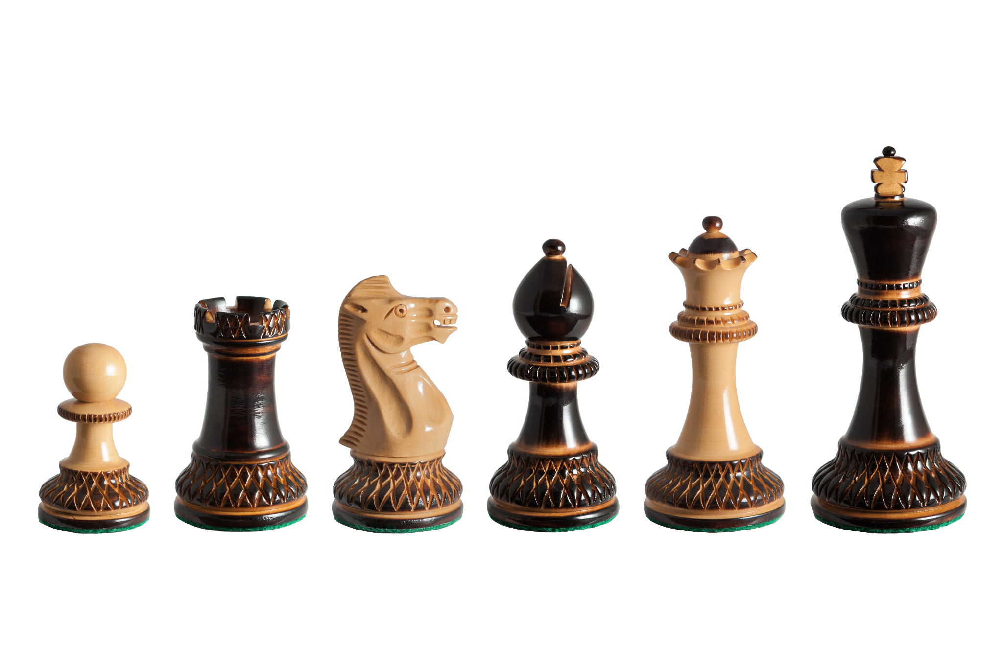 Vulcan burnt boxwood chess pieces in a six-piece line-up