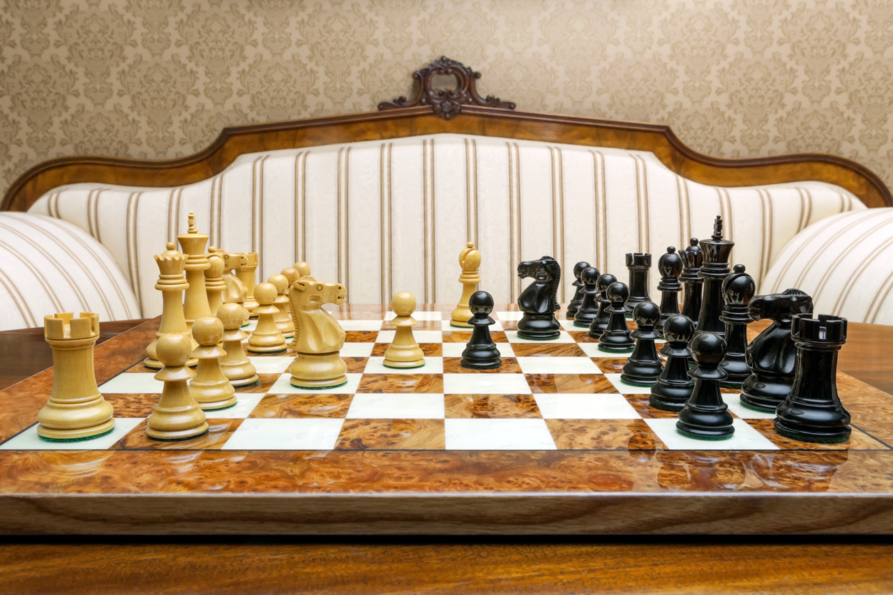 The Viking chessmen (boxwood and ebony) on the Venezia Board