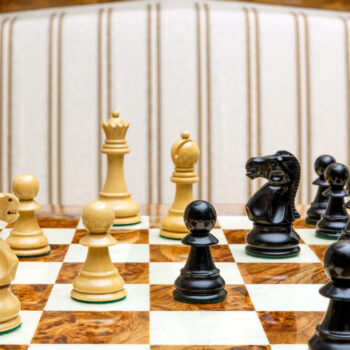 Shown with: 51 cm Venezia chess board Viking lacquered boxwood and ebony chess pieces viewed at board level on the 51 cm Venezia chess board
