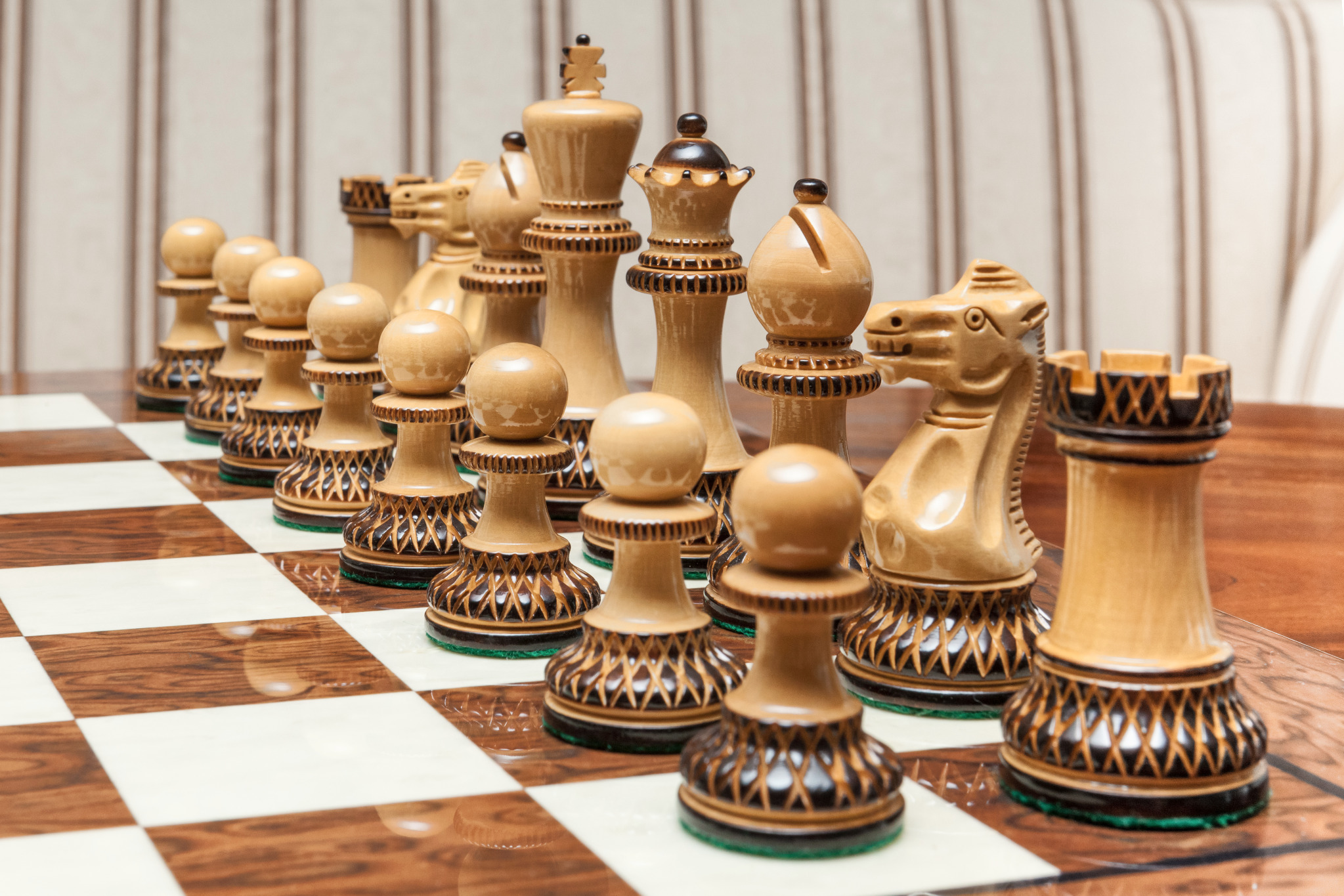 Shown with: 50 cm Cordoba chess board Vulcan burnt boxwood and natural boxwood chess pieces viewed from the light side on the 50 cm Cordoba chess board